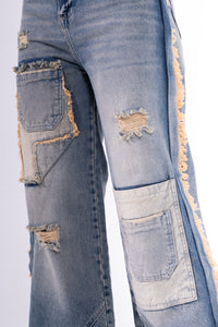 Jean palazzo parches desflecado azul anaranjado