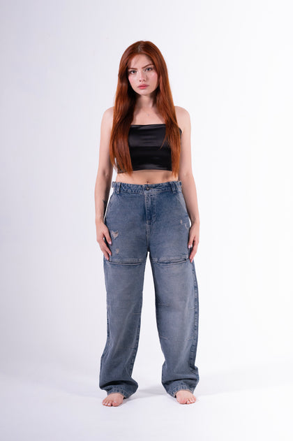 Jean baggy Sobrebolsillo azul petroleo