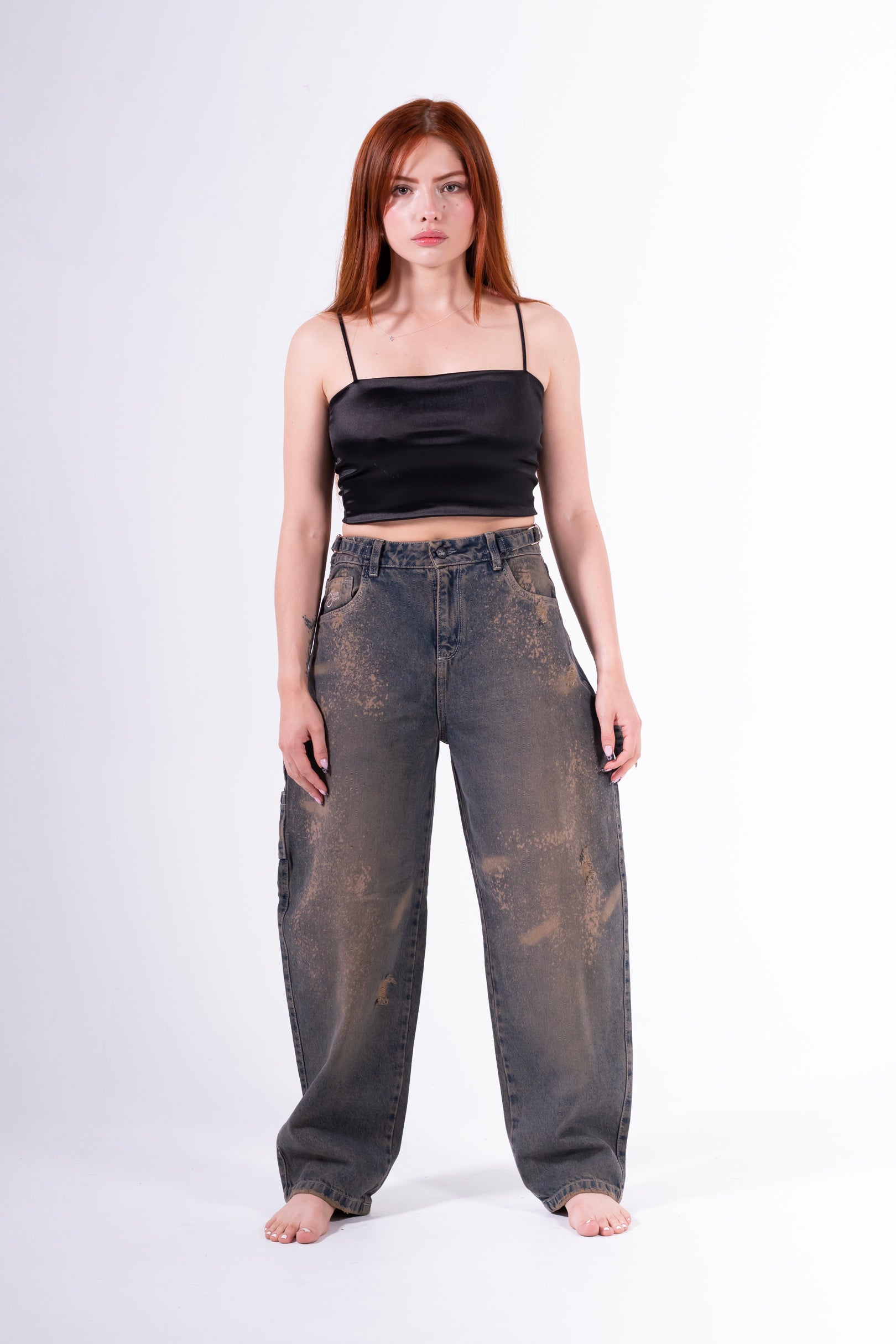 Jean baggy chispeado azul anaranjado