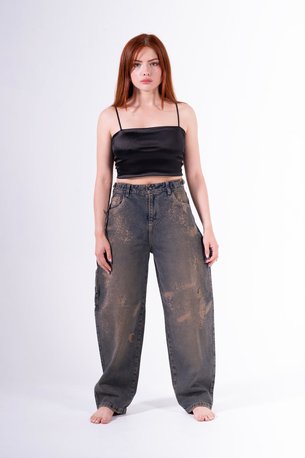 Jean baggy chispeado azul anaranjado