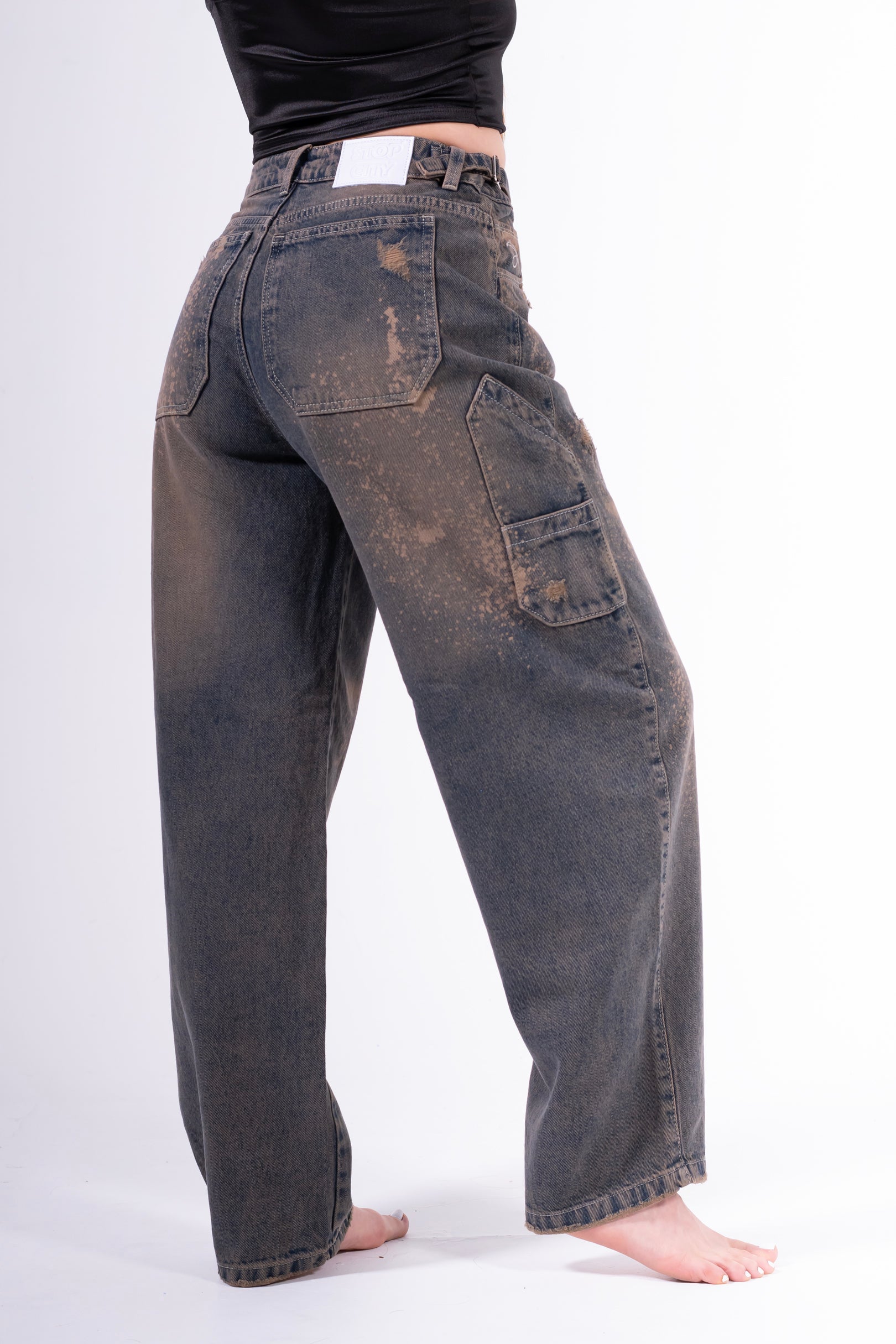 Jean baggy chispeado azul anaranjado