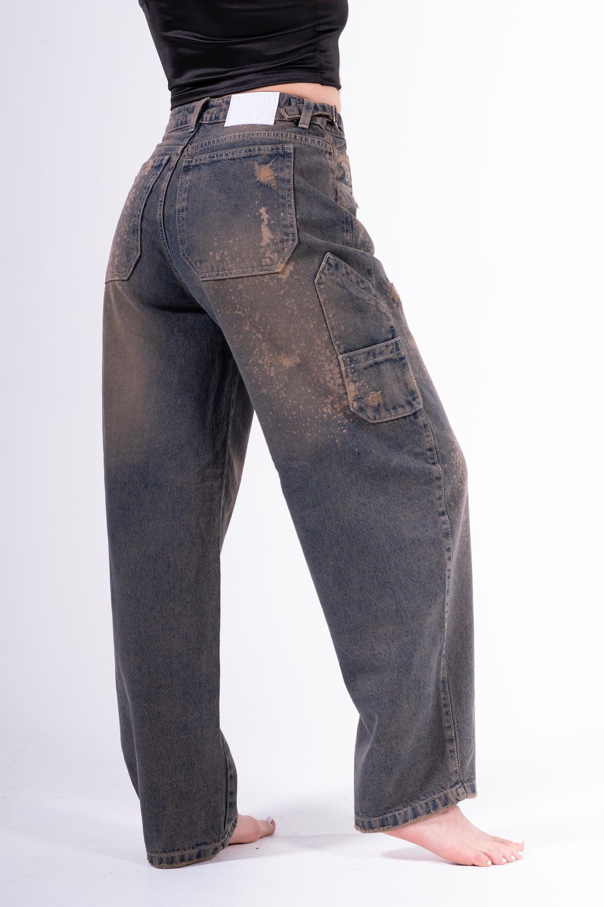 Jean baggy chispeado azul anaranjado